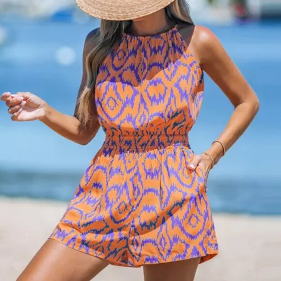 Cupshe Orange Abstract High Neck Sleeveless Romper Size L | NWT - Picture 3 of 4